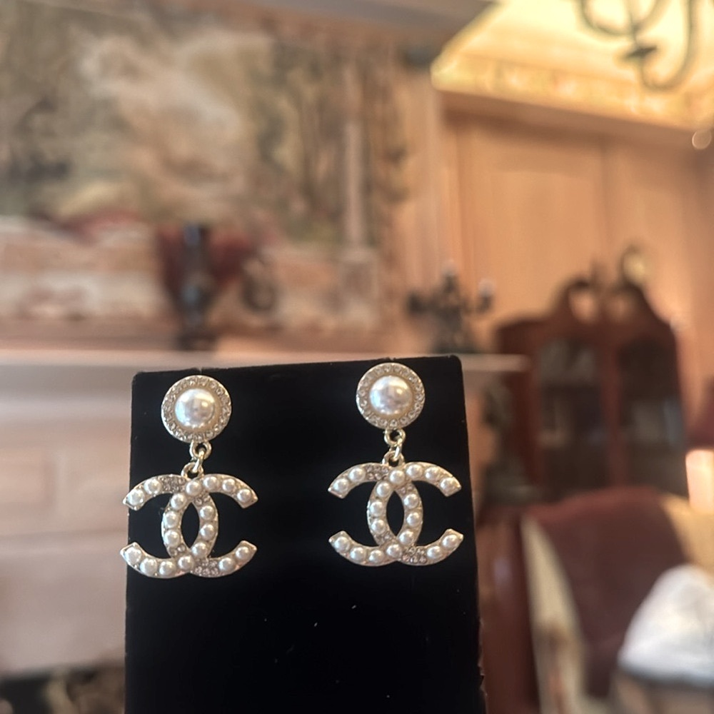 CHANEL Silver-Tone Pearl & Crystal Earrings signed in back of each earring